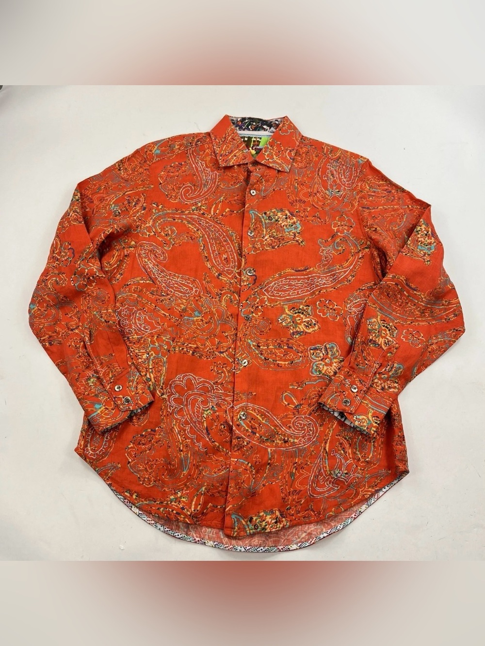 Robert Graham Citrus Orange Embroidered Linen Paisley Flip-Cuff Shirt Sz Medium